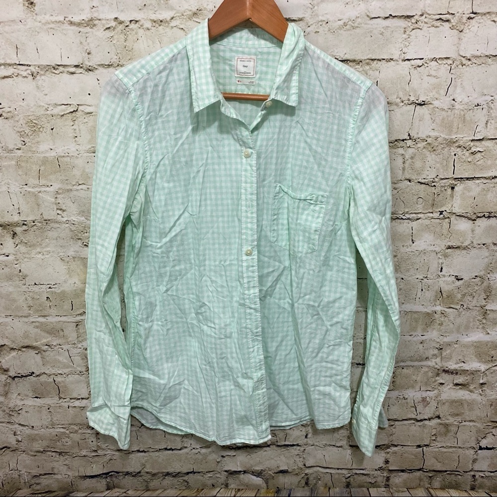 Gap Mint Green Gingham Plaid‎ Fitted Boyfriend Button Up
